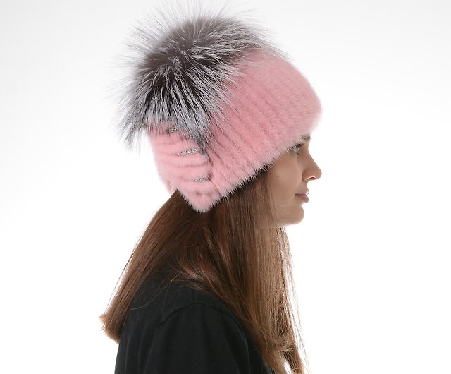 女性の毛皮ミンクニット帽子、大きなポンポンフォックスファーと暖かい