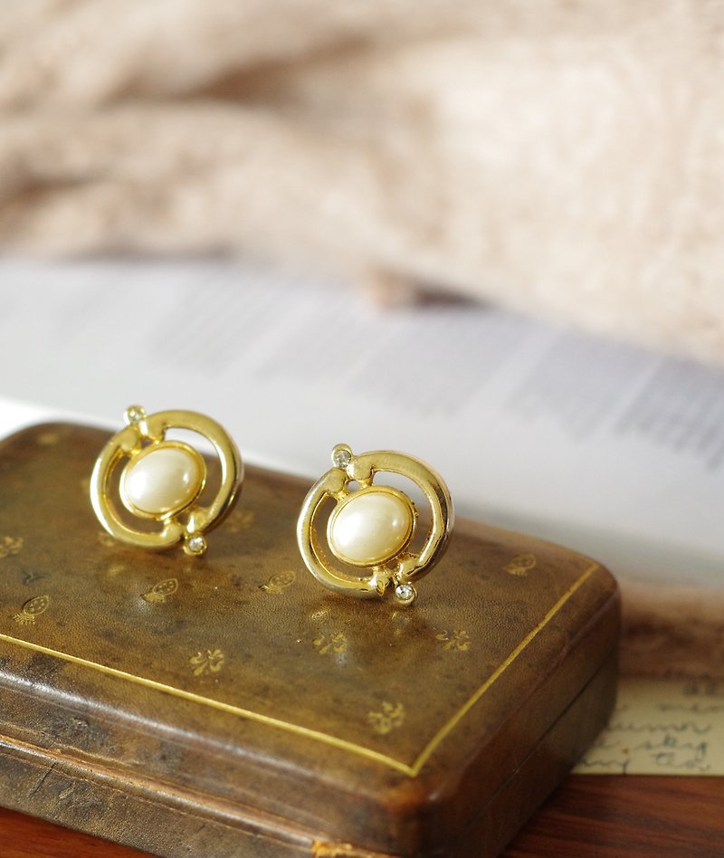 其他金屬 耳環/耳夾 金色 - 古董 金色珍珠橢圓針式耳環 P269