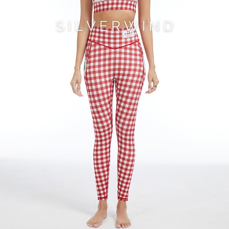 【SILVERWIND】甜心暖格印花高強緊身褲速乾跑步健身瑜伽緊身褲 - 運動褲/緊身褲 - 精油 