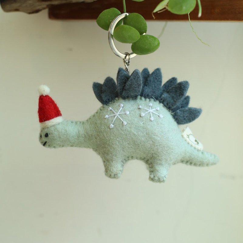 Wool Felt Christmas Stegosaurus keychain - Keychains - Wool Blue