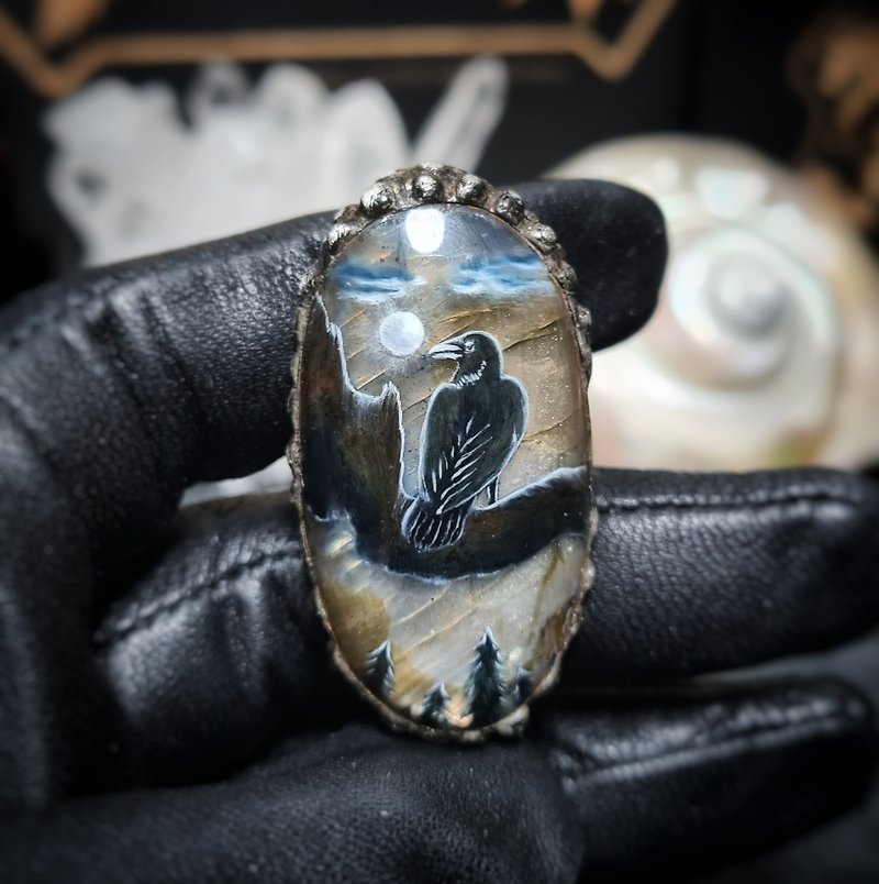 Raven ring Crow ring Viking ring Labradorite ring Oil painting miniature - แหวนทั่วไป - หิน สีทอง