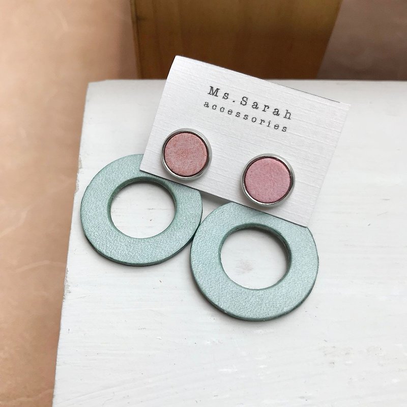 Leather earrings_round frame 6th work #10_ cherry blossom pink with mint green (can be changed) - Earrings & Clip-ons - Genuine Leather Red