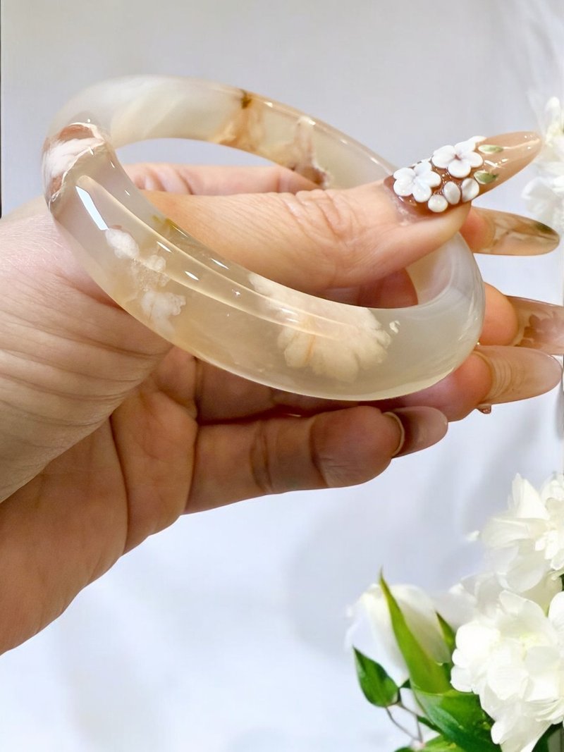 櫻花瑪瑙手鐲 瑪瑙手鐲水中炸粉花紅勾邊花成形花正圈55/56 - 手鍊/手環 - 玉石 