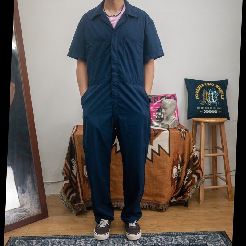 DICKIES 深藍 連身工作服 工作褲 42/44 二手 古著 紅色領標 - 男長褲/休閒褲 - 棉．麻 藍色