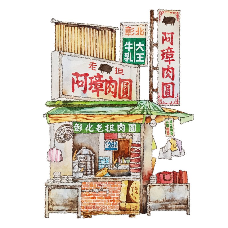 台灣街屋-彰化阿璋肉圓-紅磚老屋-數位微噴懷舊海報 - 壁貼/牆壁裝飾 - 紙 紅色