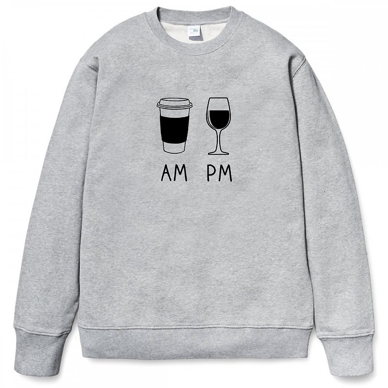 COFFEE AM WINE PM 大學T 刷毛 中性版 灰色 咖啡 酒 插畫 禮物 - 男 T 恤 - 棉．麻 灰色