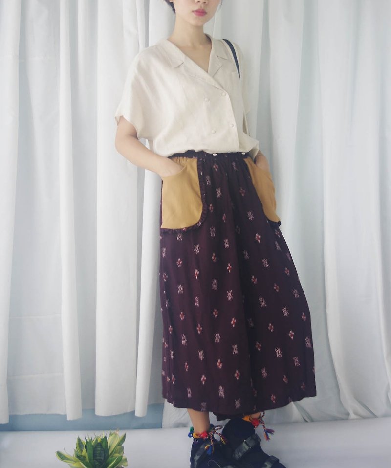 Design Handmade - Wine Red Tribal Totem Printed Outturn Pocket Wide Pants - Women's Pants - Other Man-Made Fibers Red