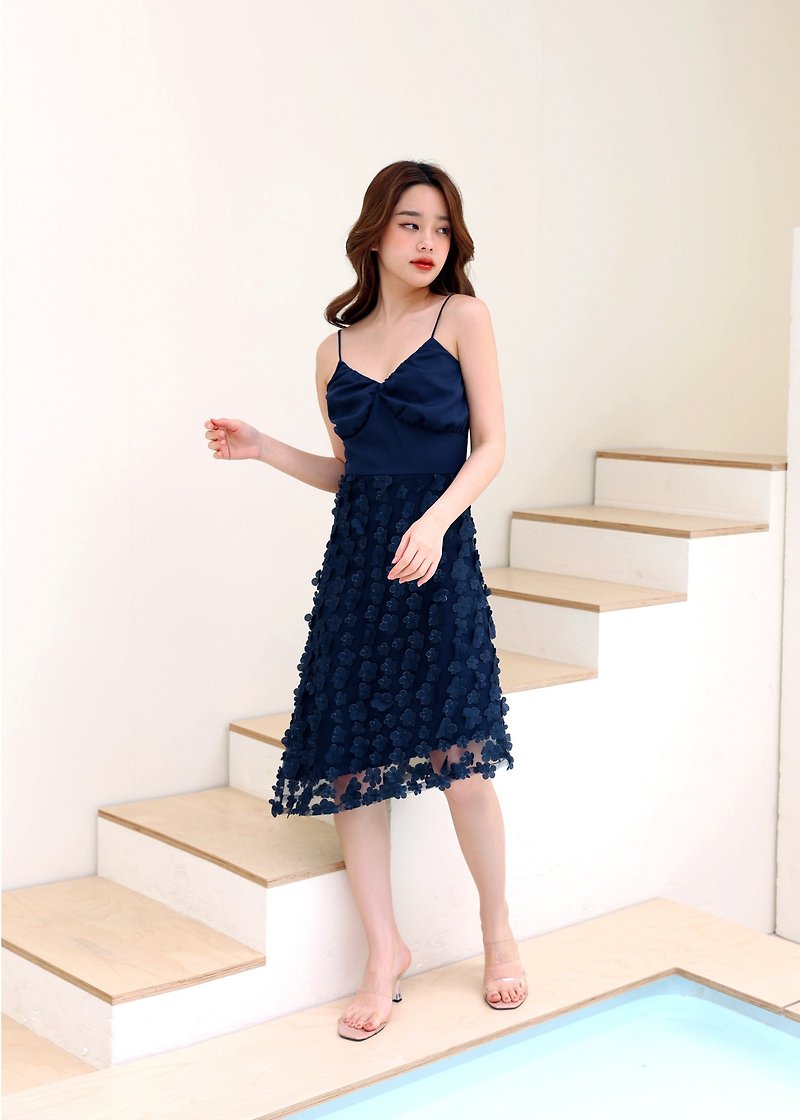Avery Dress | Floral Design Unique Camisole Dress Midi Length Classy & Elegant - ชุดเดรส - วัสดุอื่นๆ สีน้ำเงิน