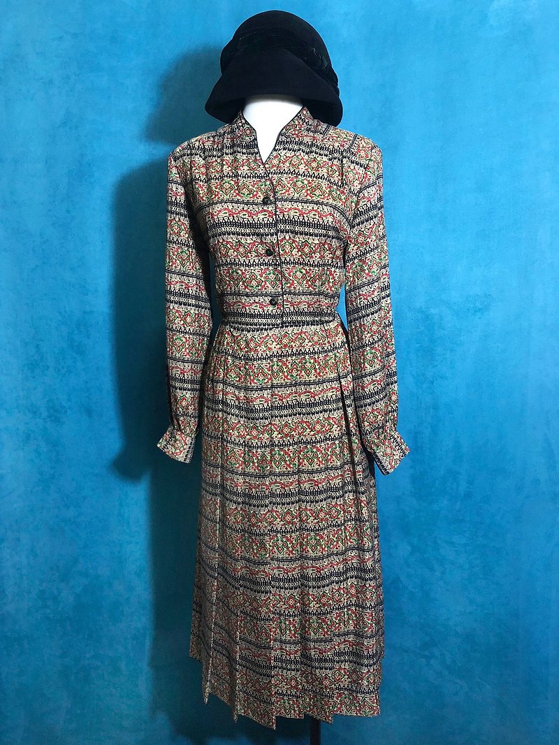 Textured piping collar vintage dress / abroad brought back VINTAGE - One Piece Dresses - Polyester Brown