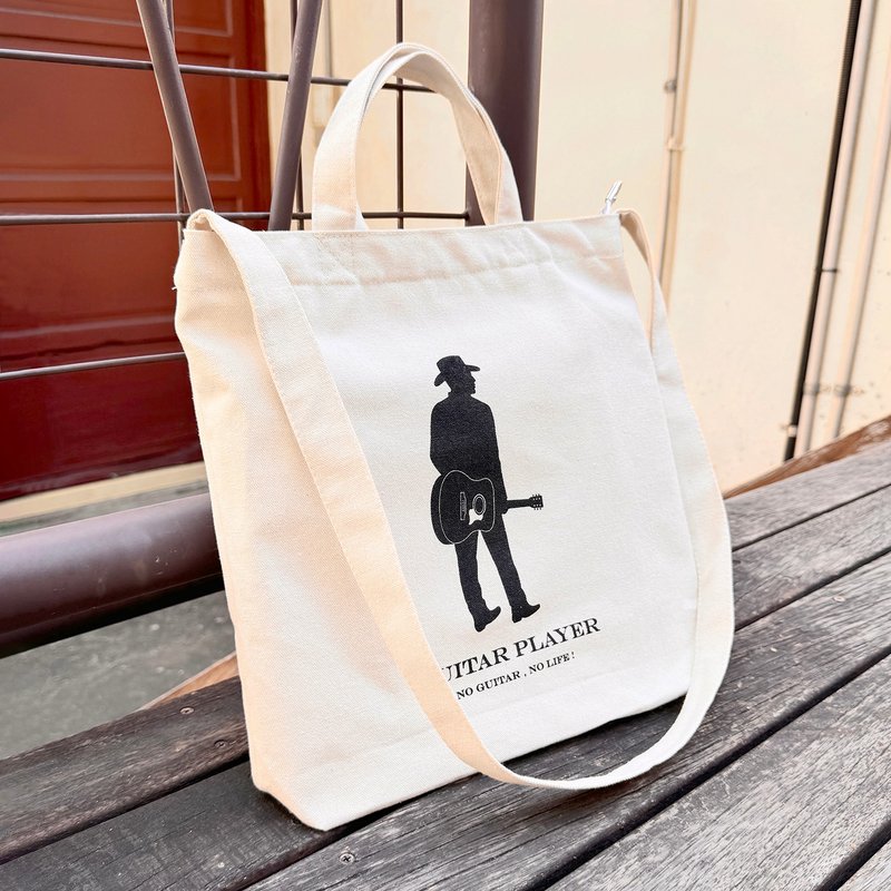 Guiar Player handmade silk-printed guitar player original dual-use canvas bag handbag crossbody bag - กระเป๋าแมสเซนเจอร์ - วัสดุอื่นๆ ขาว