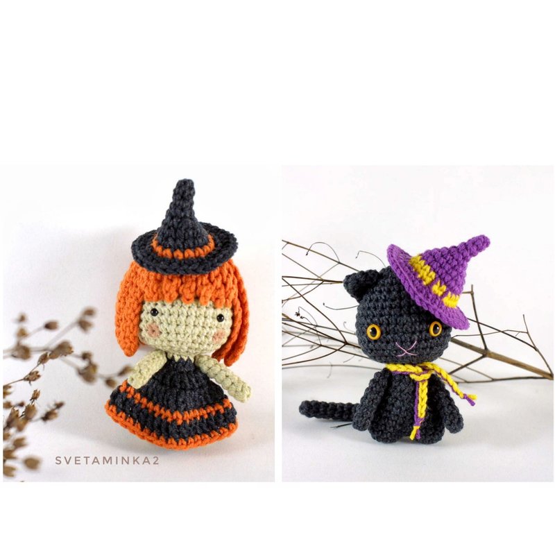 Crochet Halloween Pattern Amigurumi Witch Doll and Black Cat Tutorial - 手工藝教學/工具書 - 其他材質 