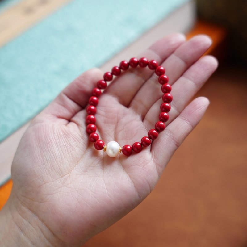 一顆系列硃砂手串 珍珠 有一點白 日常穿搭輕奢手飾 - 手鍊/手環 - 其他材質 紅色
