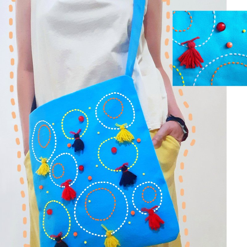 Cute 12x14 inch tote. Fun and original with hand-stitched design and beads - 手提包/手提袋 - 其他材質 藍色