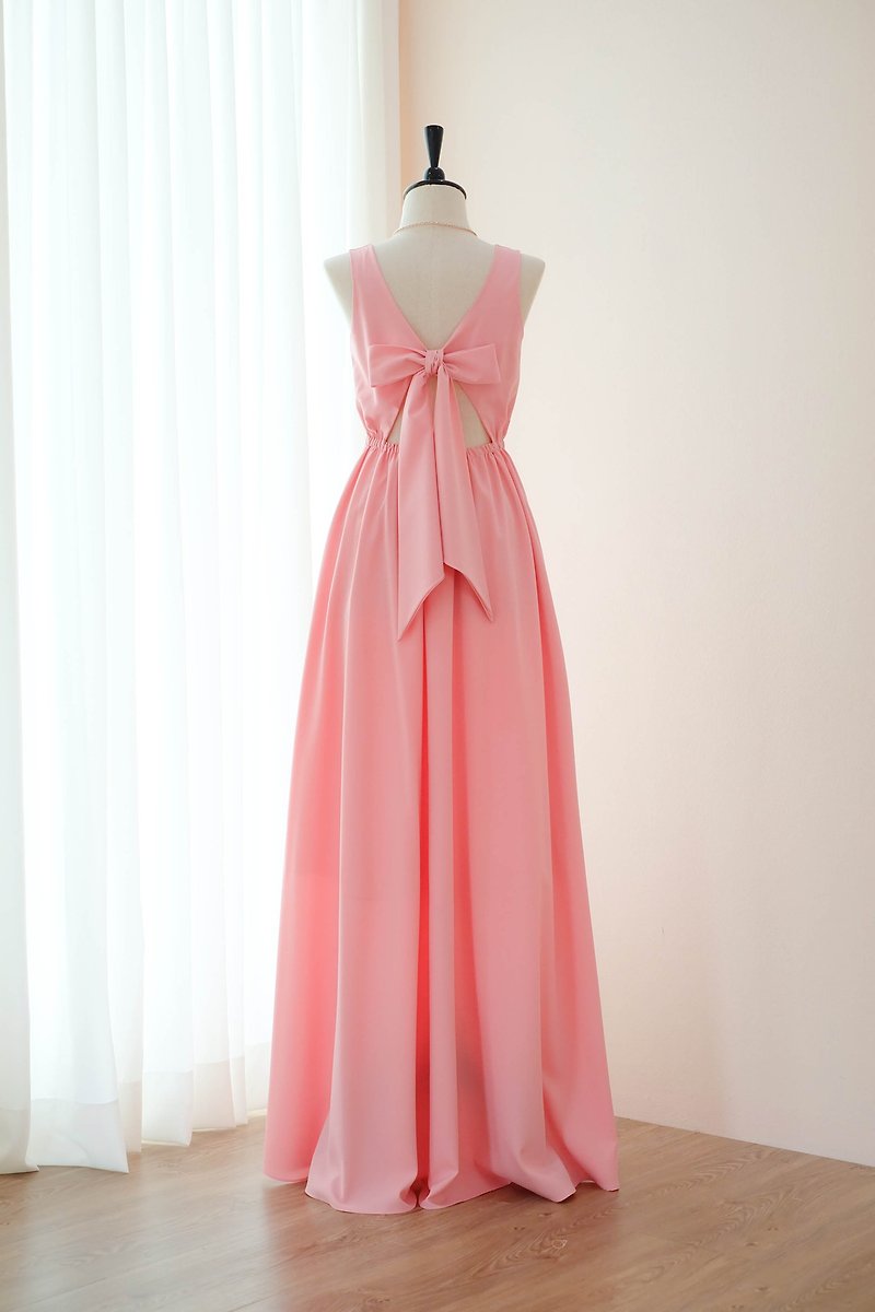 Baby Pink Dress Pink Bridesmaid Long Dress Bow back Prom Party Dress - ชุดราตรี - เส้นใยสังเคราะห์ สึชมพู