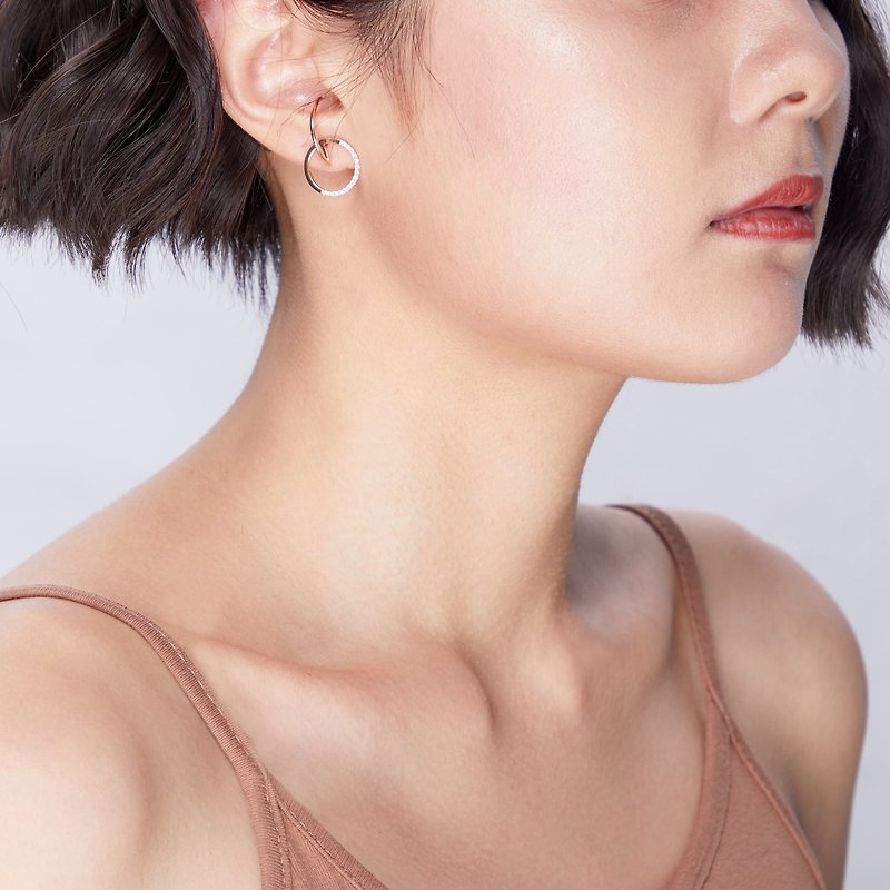 對稱鑲鑽圓型耳環 925銀厚鍍18K金 Jumelles Earring - 玫瑰金 - 耳環/耳夾 - 純銀 粉紅色