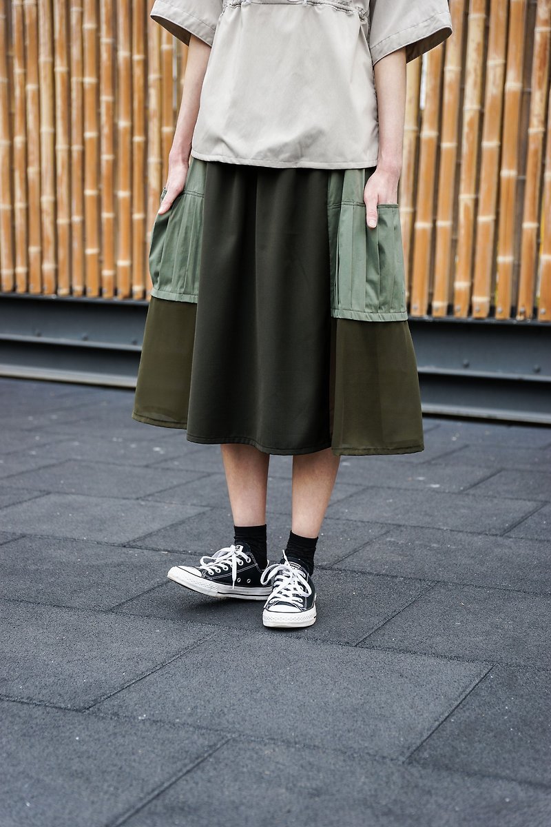 風琴袋拼紗裙(綠) - 裙子/長裙 - 其他材質 