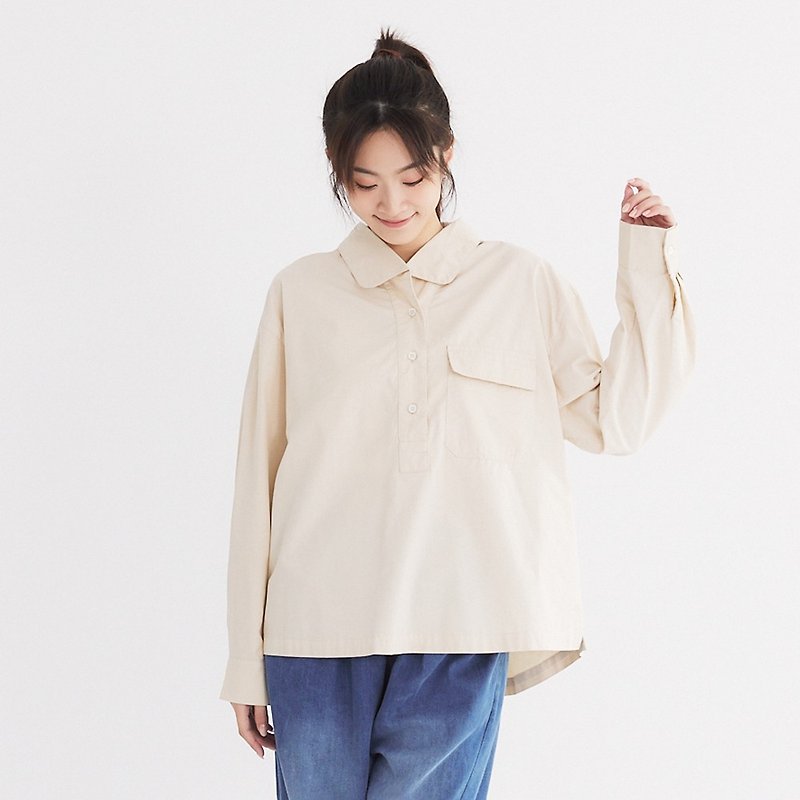 【Simply Yours】Round neck long sleeve shirt. Apricot F - Women's Tops - Cotton & Hemp White