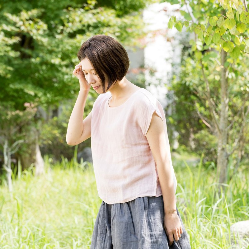 BAN INOUE Light pink SAKURA french sleeve pullover mosquito net 100% cotton - เสื้อผู้หญิง - ผ้าฝ้าย/ผ้าลินิน สึชมพู