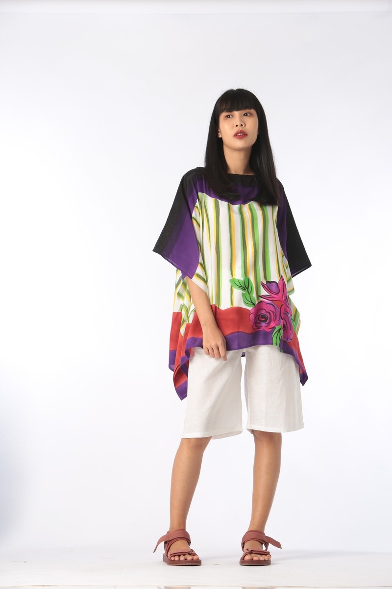 Poncho Blouse Cotton Silk Hand Painted for Summer resort vac - 女上衣/長袖上衣 - 棉．麻 紫色