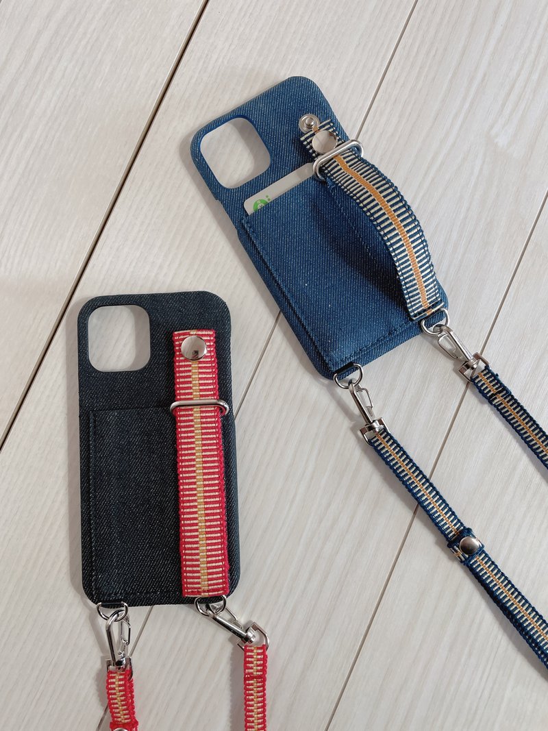 Okayama denim Sanada cord Belt smartphone case Strap Card pocket Stand Smartphone shoulder bag - Other - Cotton & Hemp Red