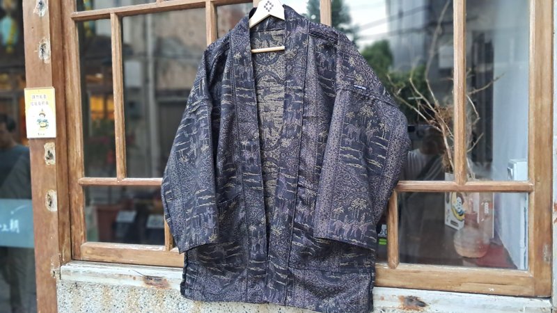 AMIN'S SHINY WORLD Vintage Equestrian Noble Gold Thread Jacquard KIMONO Reversible - Women's Casual & Functional Jackets - Cotton & Hemp Black