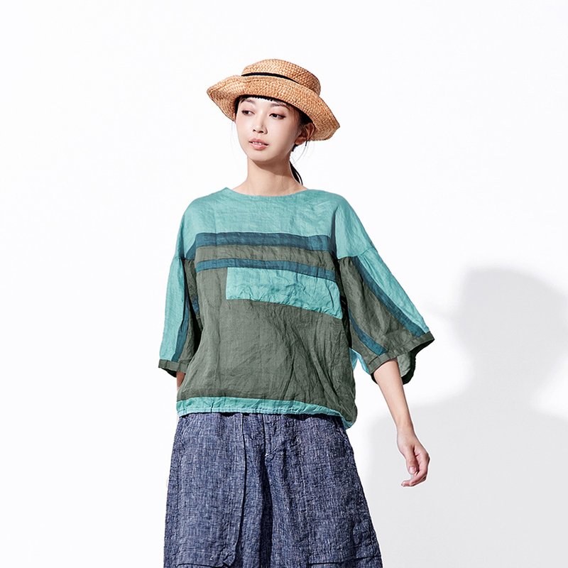 Cozy Linen Colorblock Tunic - เสื้อผู้หญิง - ลินิน สีเขียว