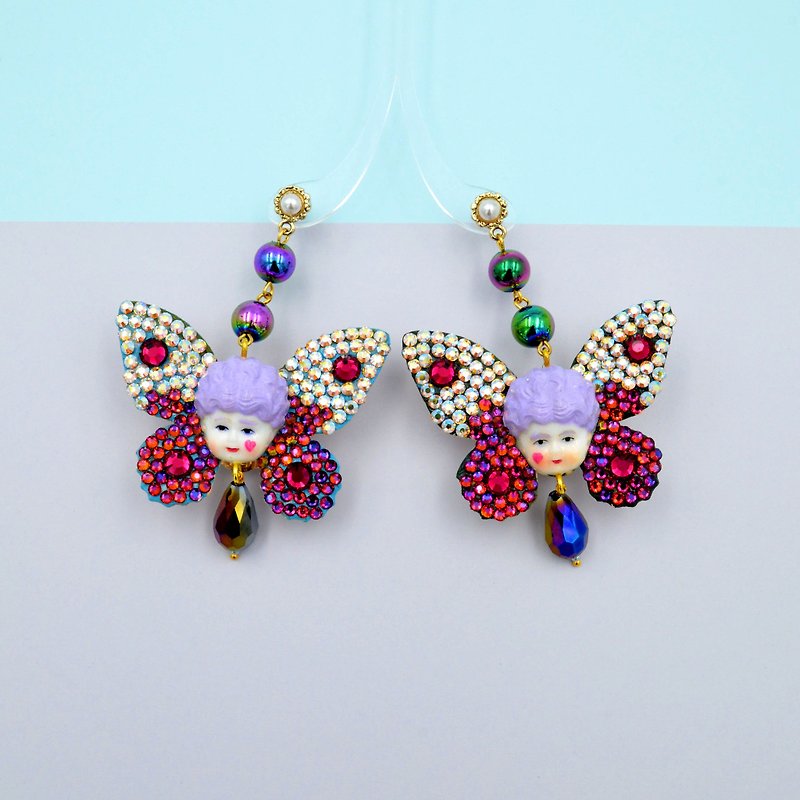 TIMBEE LO Purple Queen Mary Butterfly Earrings Artwork Embellished with Swarovski Crystal Stone - ต่างหู - พลาสติก สีม่วง
