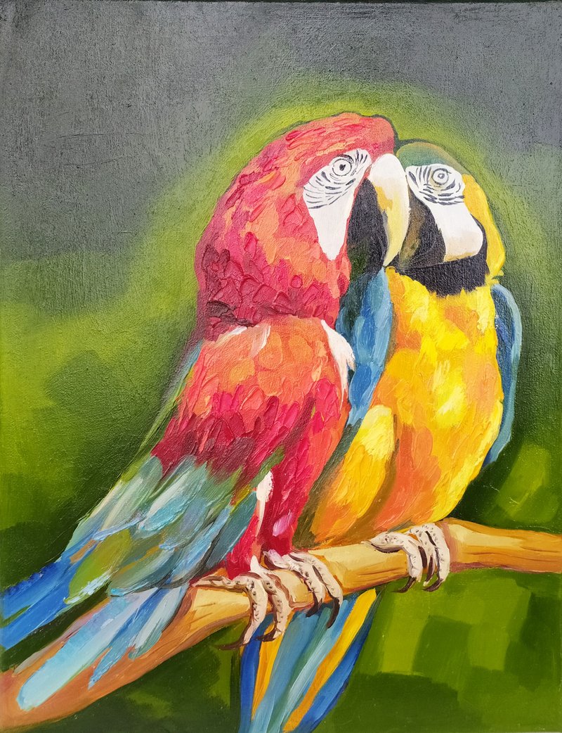 Parrots in love oil painting on stretcher animals birds art impasto technique - 壁貼/牆壁裝飾 - 其他材質 多色