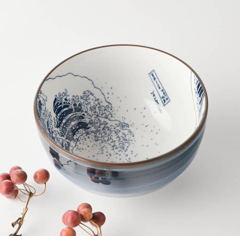 【交換禮物推薦】美濃燒-北齋神奈川沖浪裏大碗12.8cm - 碗 - 瓷 藍色