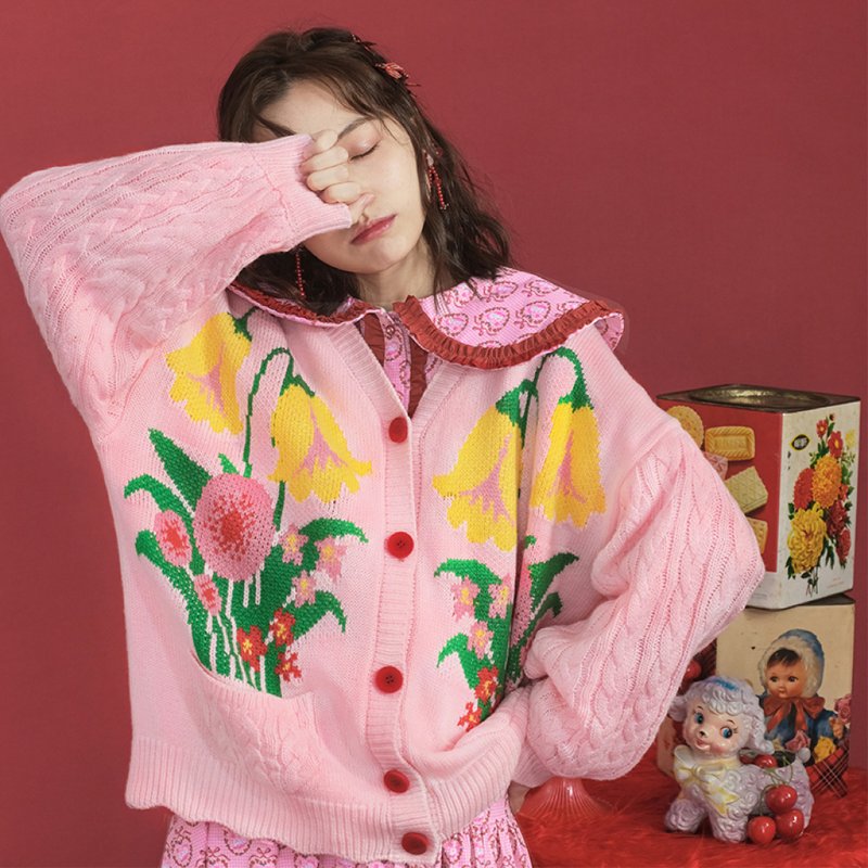 Pink jacquard flower pocket knitted loose girly sweater button v-neck cardigan - Women's Tops - Other Materials Multicolor