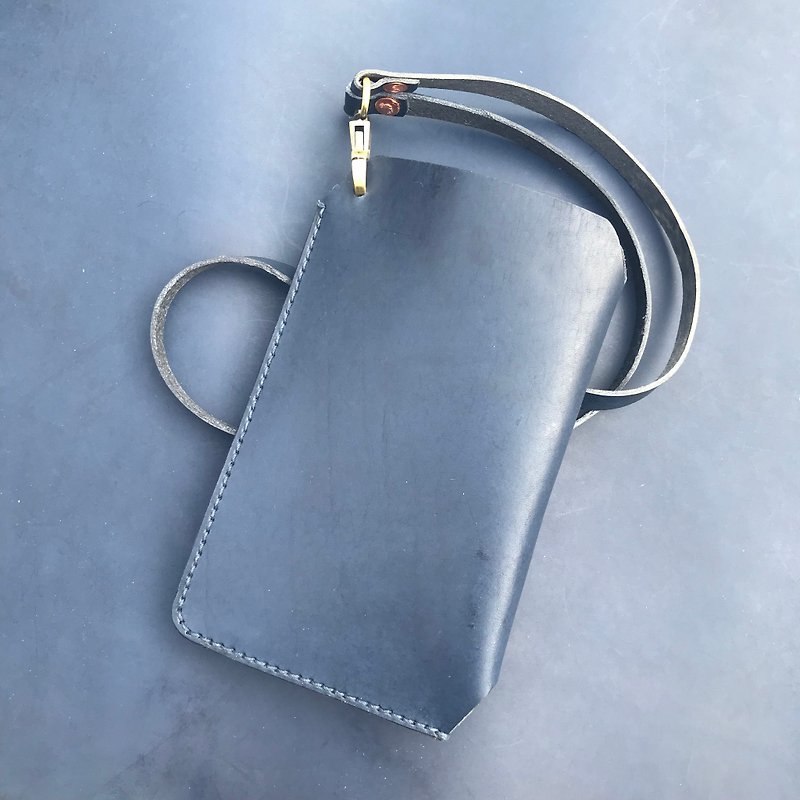 Mobile phone neck bag-mobile phone leather case (iphone7/7plus/8/x)/dark blue leather - เคส/ซองมือถือ - หนังแท้ 
