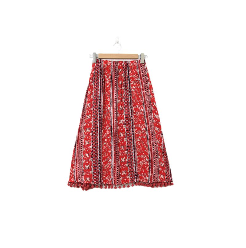 Back to Green-復古長裙 民族花紋 毛球流蘇M-11//vintage skirt - 裙子/長裙 - 棉．麻 