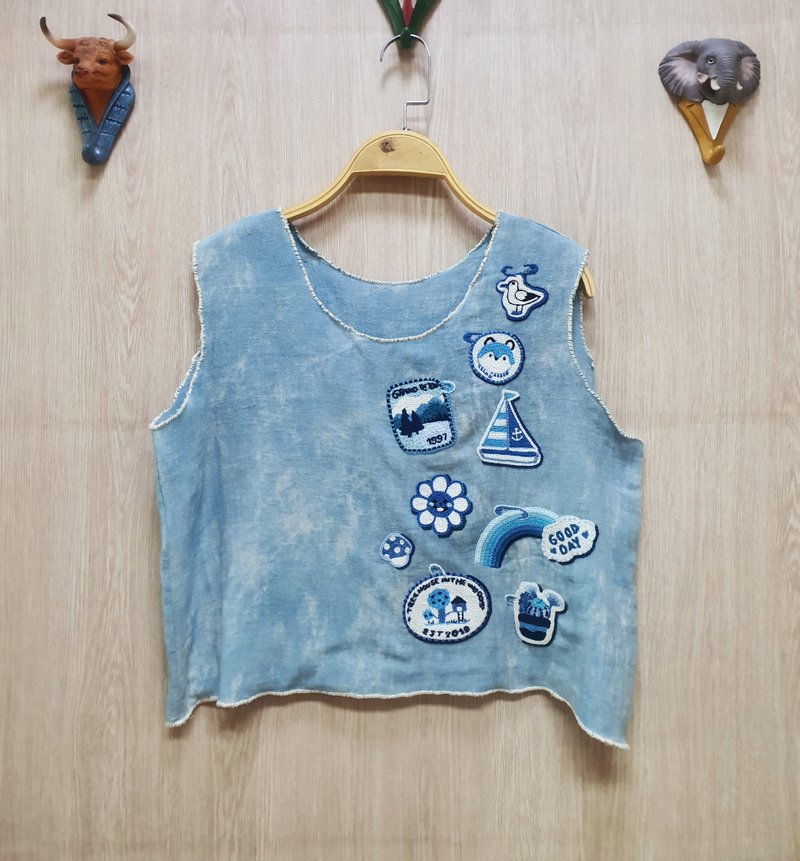 手工刺繡襯衫、棉、刺繡別針、天然染料、狐狸、彩虹 - 女上衣/長袖上衣 - 繡線 藍色