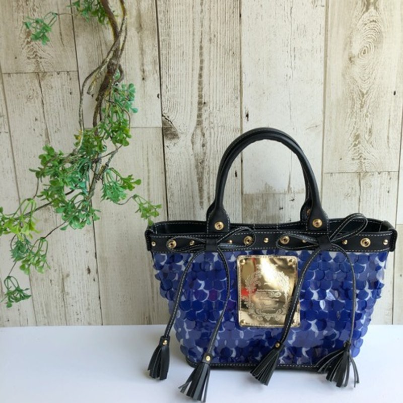 Mermaid * Navy * Sequin bag * Genuine leather combination - กระเป๋าถือ - หนังแท้ 