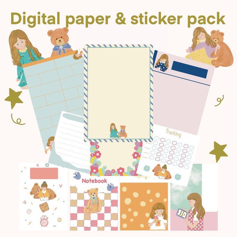 Girl & teddy dream digital paper & sticker pack - 電腦手機桌布/貼圖/App 圖示 - 其他材質 