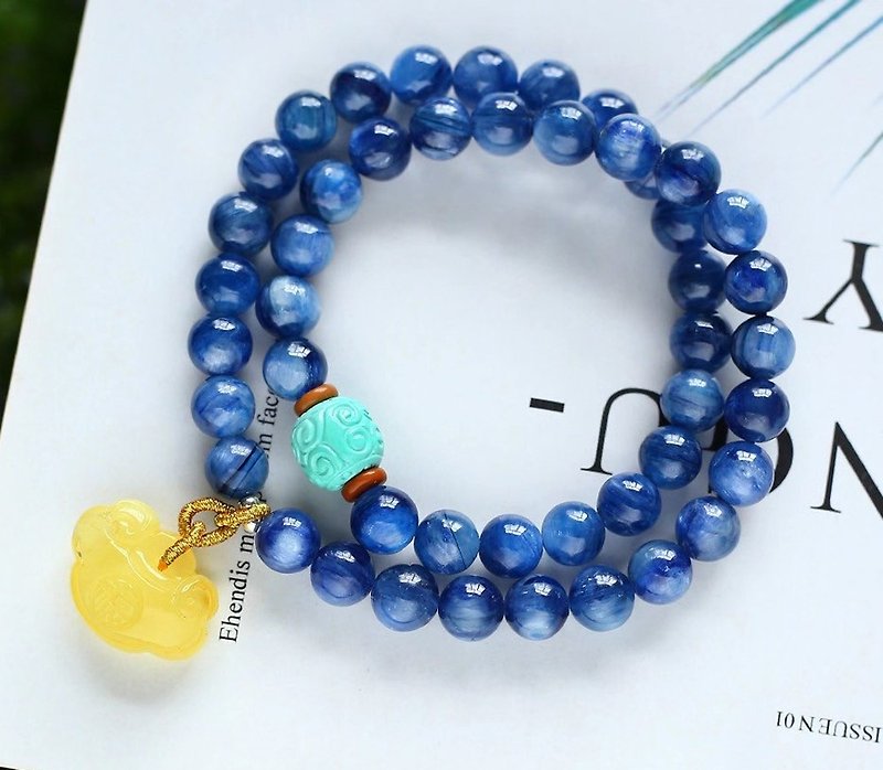 เครื่องเพชรพลอย สร้อยข้อมือ - Boutique 8MM natural aquamarine Stone beads Turquoise Bracelet with double-dotted honey Wax wishful pendants purse