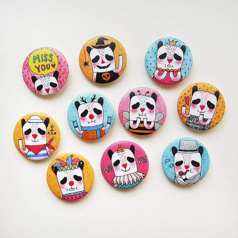 Oh! Panda - 1.75" (44mm) Button Badges or Magnets - Happy Pinning - Brooches - Plastic Multicolor