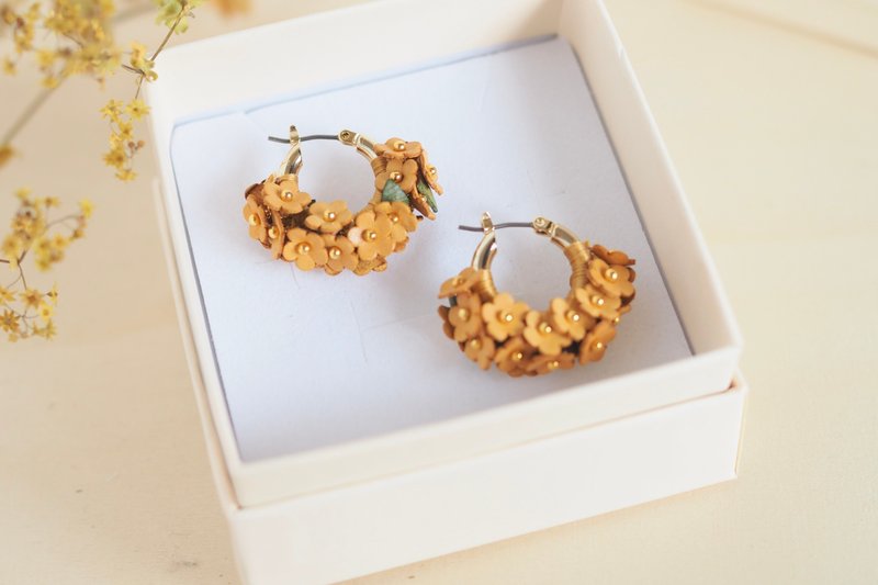 LetherFlowers Flower Leather Hoop Earrings, Yellow - Earrings & Clip-ons - Genuine Leather Yellow