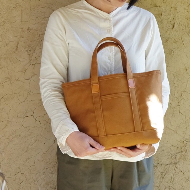 Leather and canvas tote bag / Camel - กระเป๋าถือ - ผ้าฝ้าย/ผ้าลินิน สีนำ้ตาล