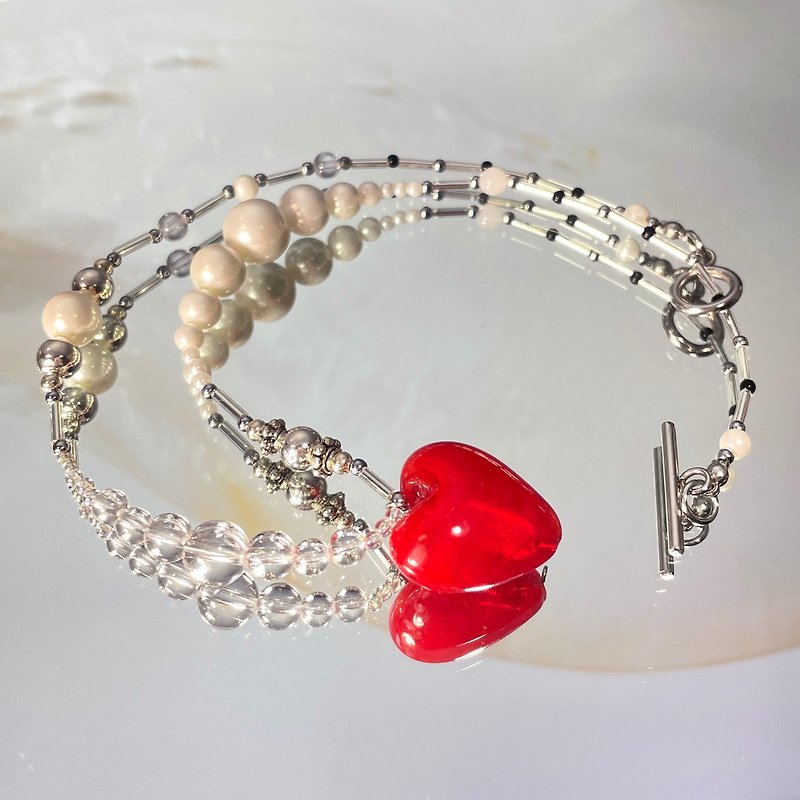 Sea Collection - 'Mermaid' Glass Craft Heart Necklace - สร้อยคอ - เงิน สีแดง