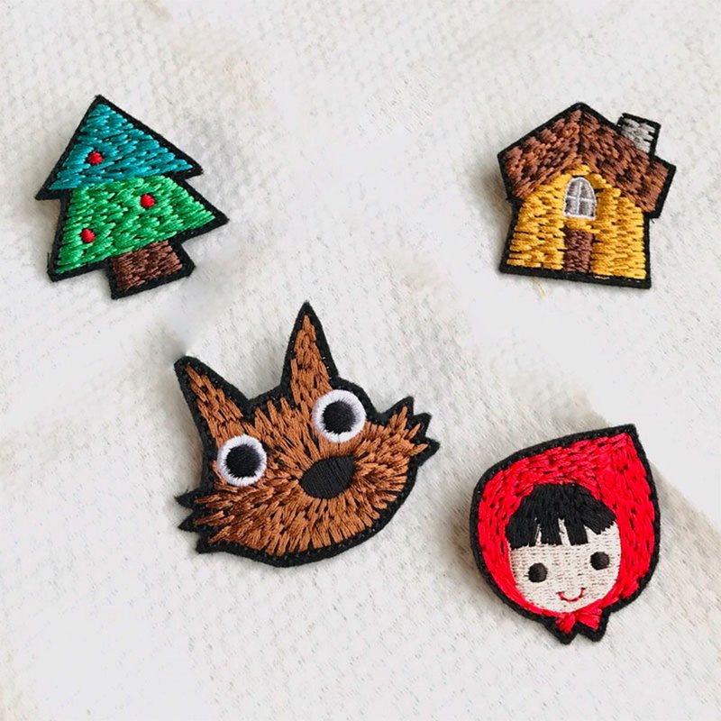 Embroidered Pin Little Red Riding Hood Big Bad Wolf Cabin Cute Tree Buy 3 Get 1 Free Spring is coming - เข็มกลัด - ผ้าฝ้าย/ผ้าลินิน หลากหลายสี