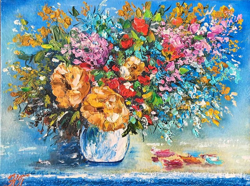 Oil painting Postcard Bouquet of flowers oil cardboard palette knife - ตกแต่งผนัง - วัสดุอื่นๆ หลากหลายสี