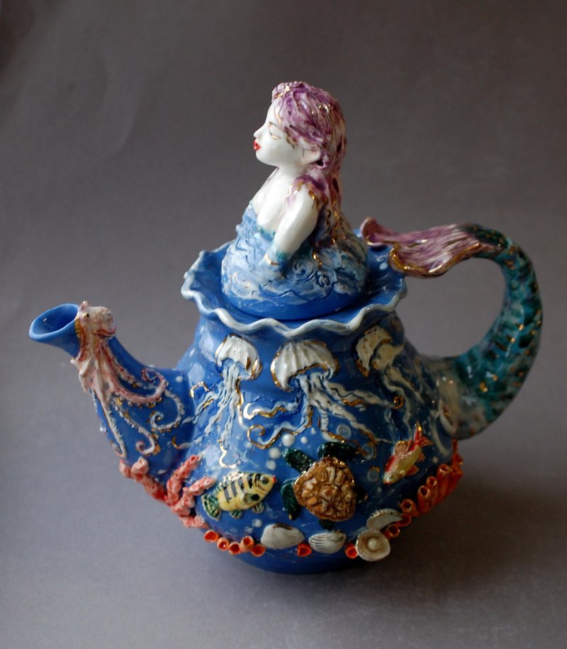 Blue art teapot Mermaid figurine Fish,seashells,sea turtle relief Porcelain art - Teapots & Teacups - Porcelain Multicolor