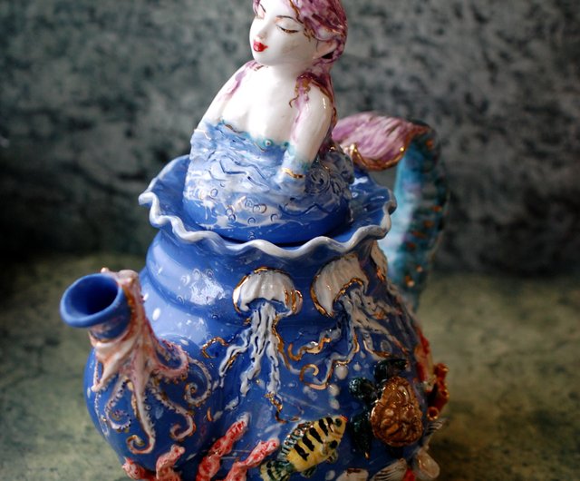 Tan Porcelain Flowing Mermaids Teapot Unique Sculpted newest Selki Lid