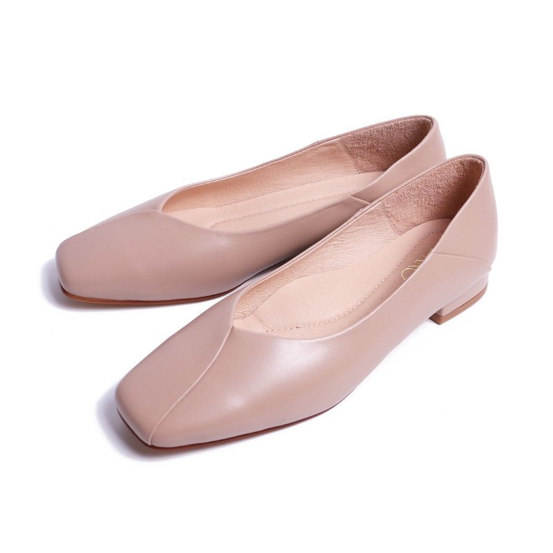 氣質拼接柔軟綿羊皮低跟包鞋卡其色 - 娃娃鞋/平底鞋 - 真皮 卡其色