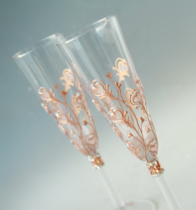 Rose Gold Wedding Glasses Diamond Hearts, hand Painted set of 2 - 酒杯/酒器 - 玻璃 金色