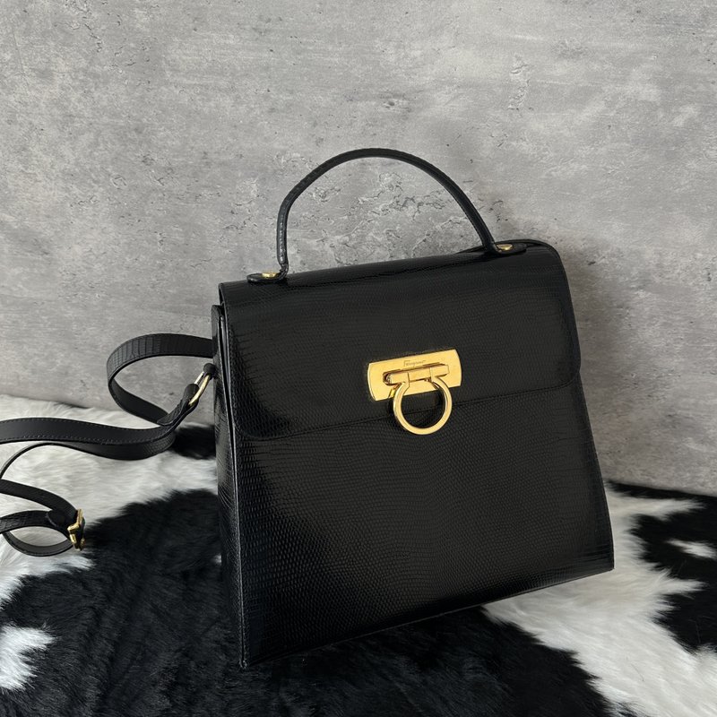 Ferragamo 菲拉格慕 蜥蜴皮 Kelly 包 - 側背包/斜孭袋 - 真皮 黑色