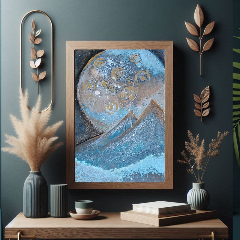 Textured mixed media painting original, Moon landscape, mountain landscape,  mys - วาดภาพ/ศิลปะการเขียน - อะคริลิค สีดำ