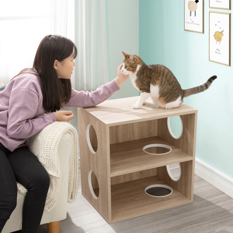 Hole through double-layer cabinet-solid wood cat jumping platform cat cabinet cat toy - Scratchers & Cat Furniture - Wood Khaki