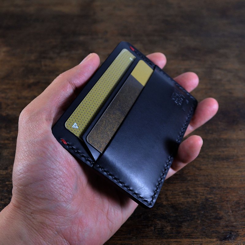 真皮 長短皮夾/錢包 黑色 - 義大利協會認証植鞣革黑色手縫雙面卡片夾 悠遊卡 信用卡 錢夾